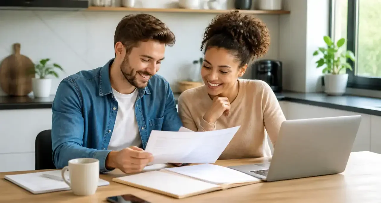 Un couple consulte ensemble ses documents administratifs dans sa cuisine
