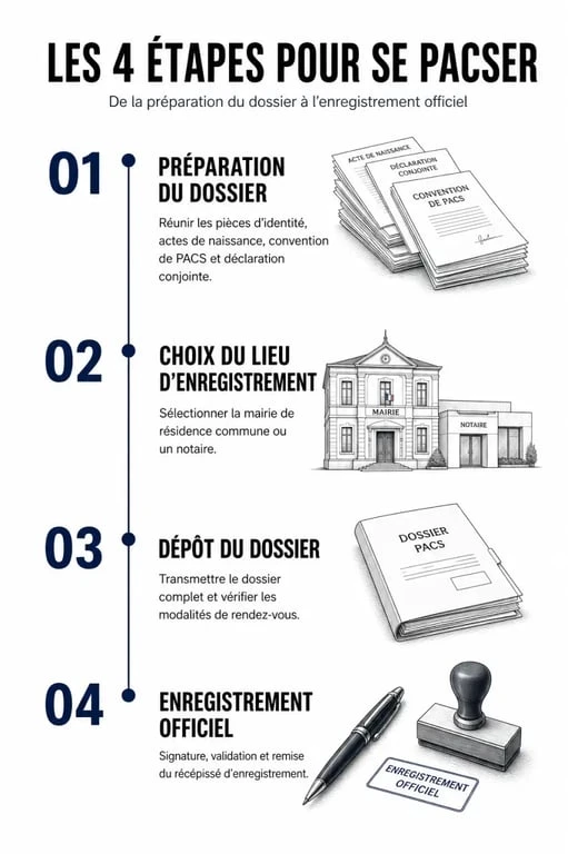 Infographie des étapes pour se pacser et constituer son dossier de PACS