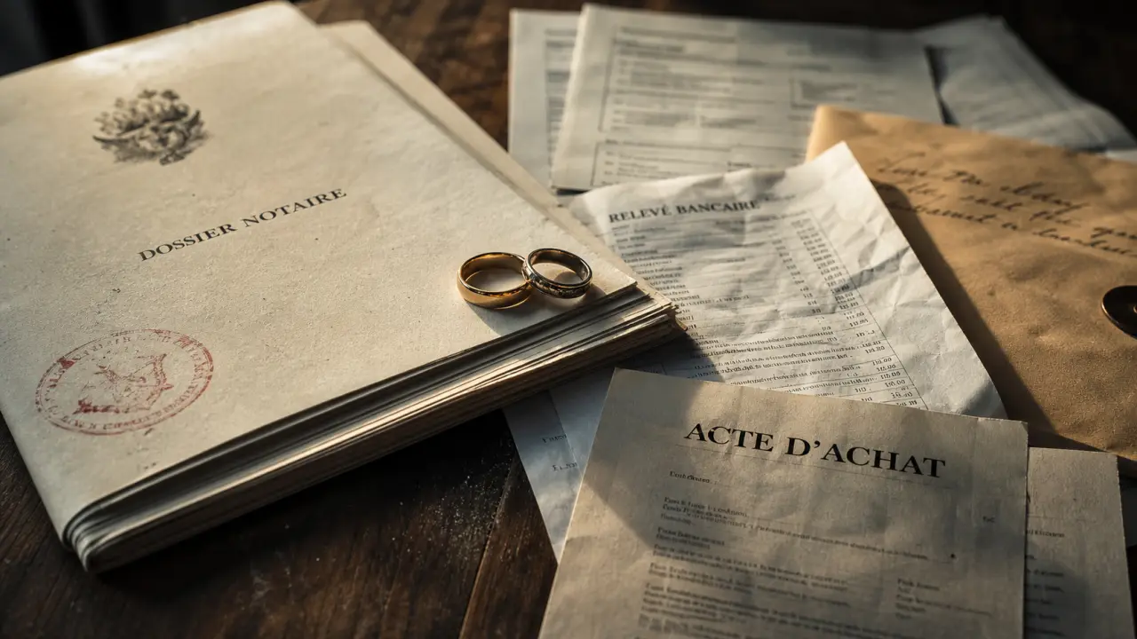 Mariage sans contrat : partage 50/50 au divorce, alliances et documents notaire