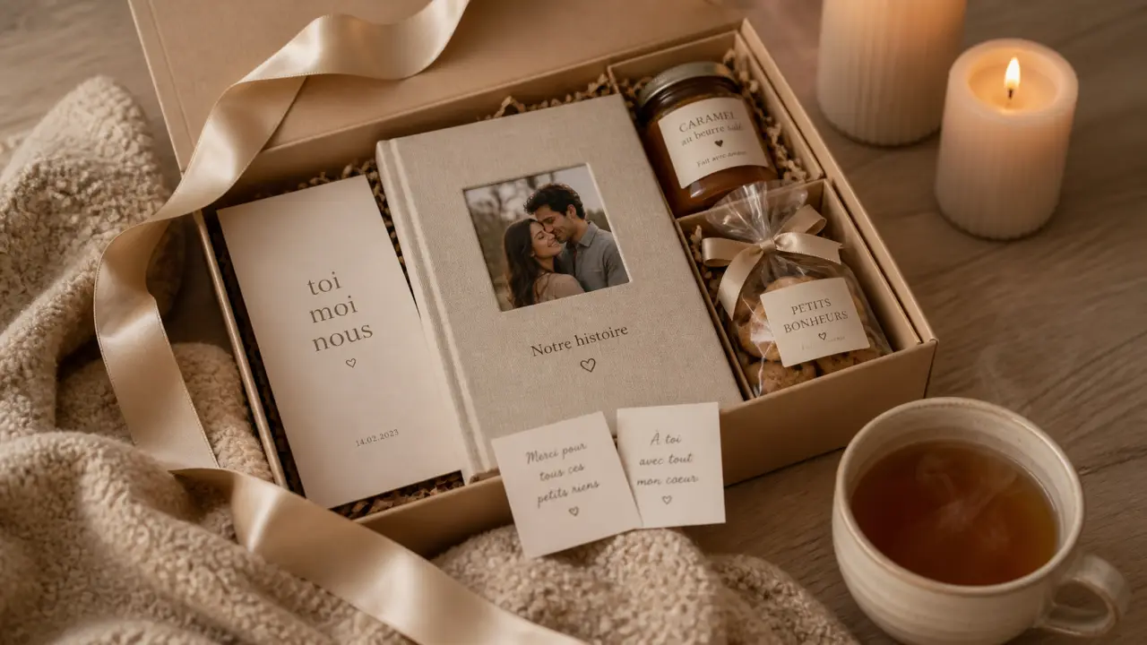 Cadeau couple : box personnalisée à offrir, album photo et coffret gourmand