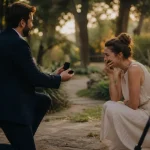 Demande en mariage : homme agenouillé avec une boîte à anneau, complice et surprise