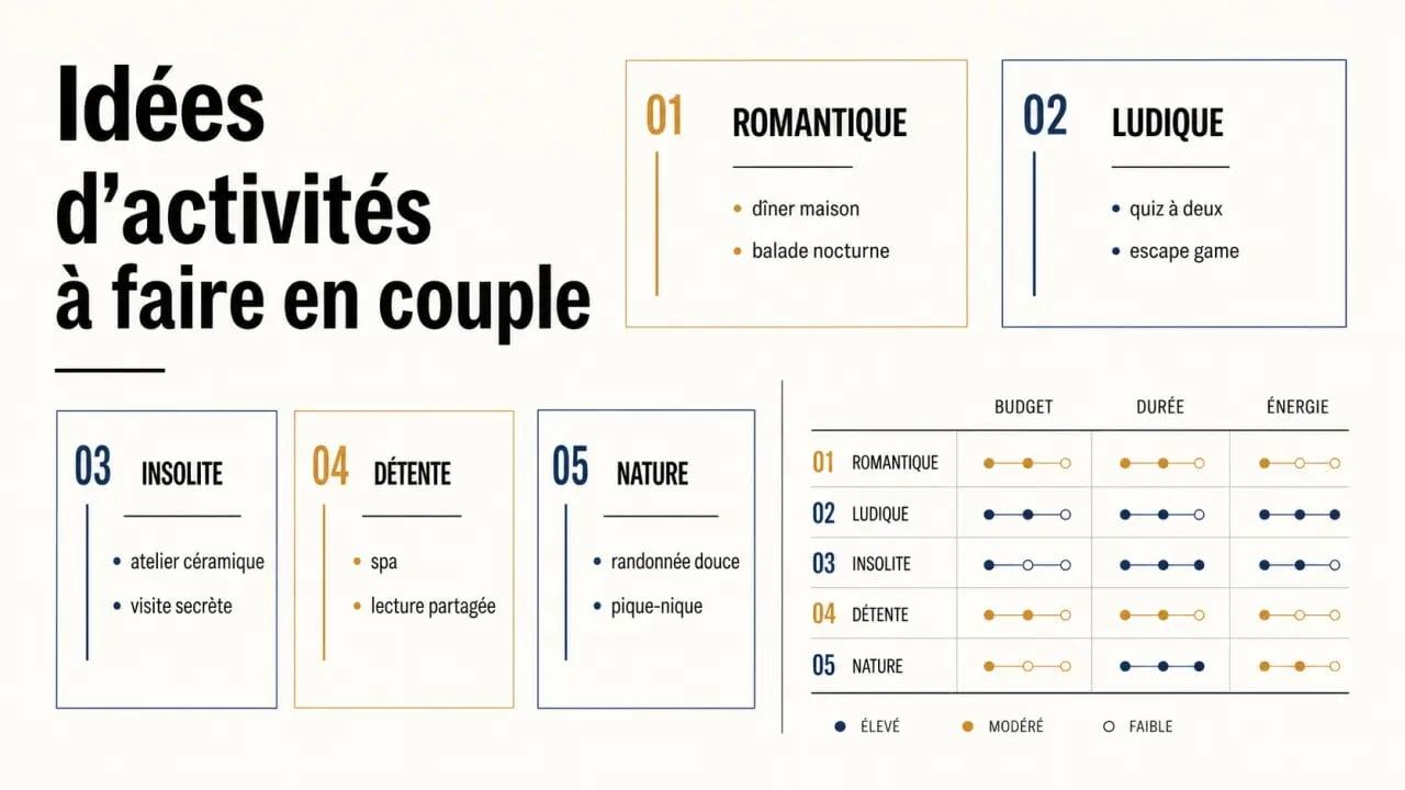 Activité à faire en couple : illustration comparative des meilleures idées selon le budget, la durée et l’ambiance