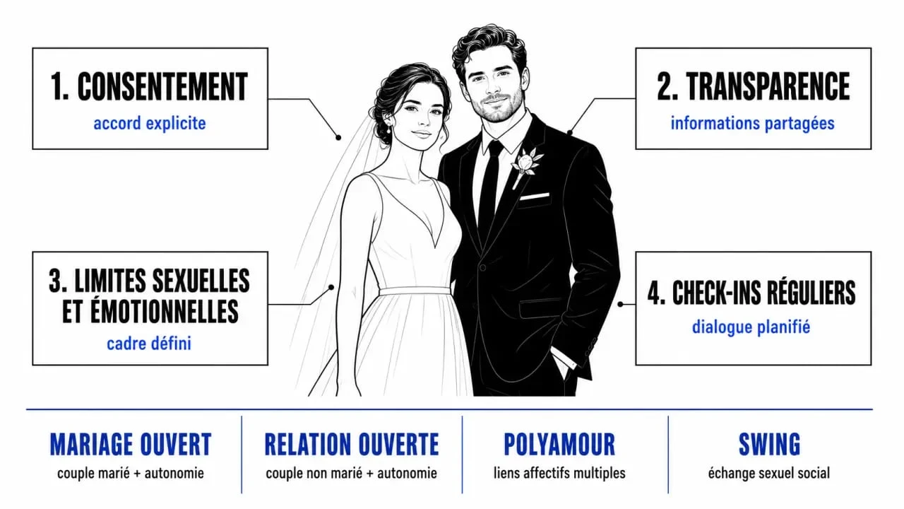 Les règles du mariage ouvert expliquées dans un visuel éditorial sur le consentement, la transparence, les limites et les check-ins.