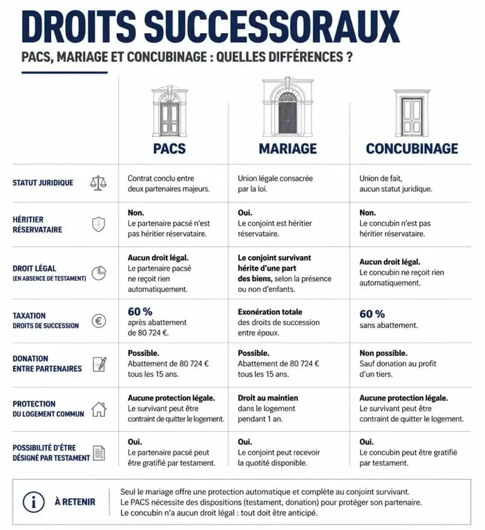 Comparatif des droits successoraux en cas de décès : PACS, mariage et concubinage