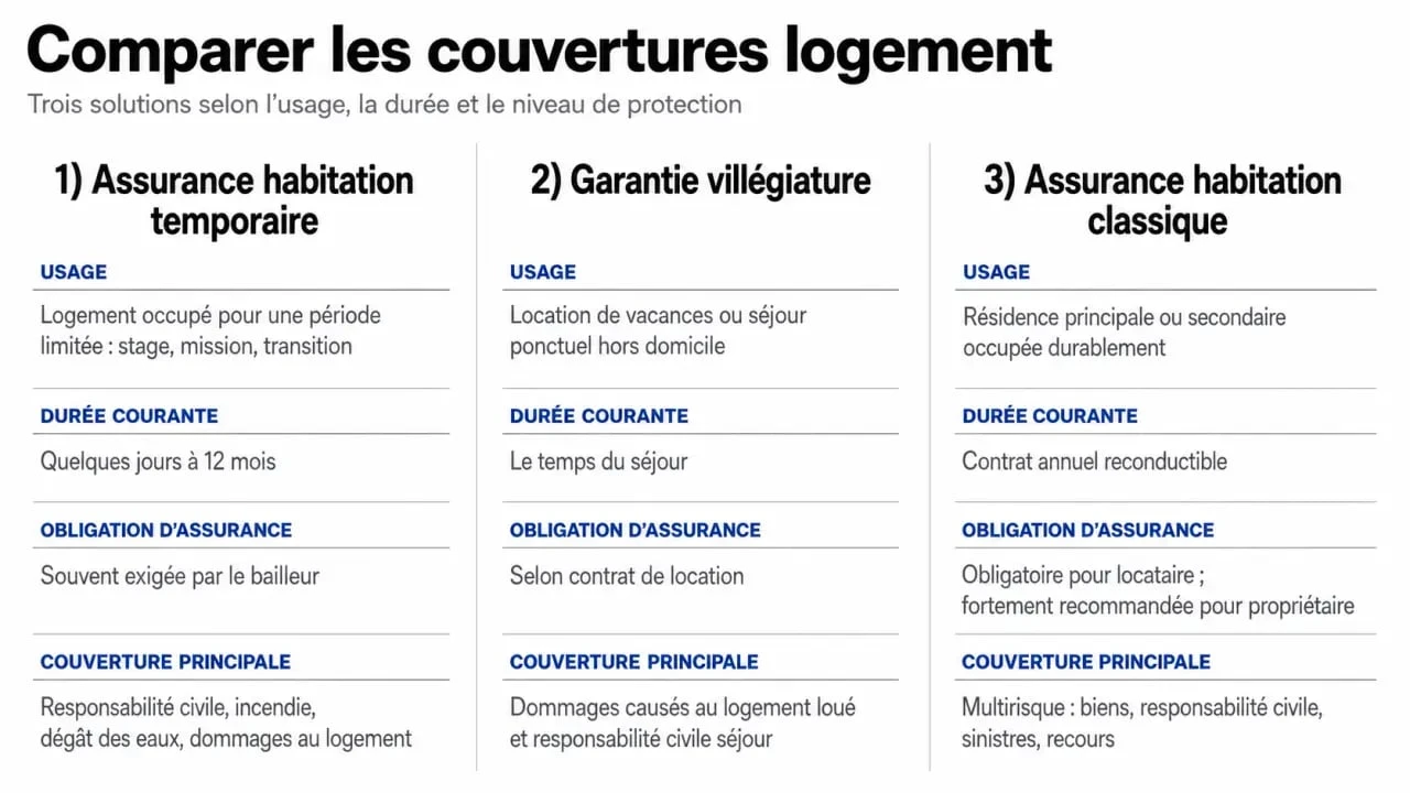Assurance habitation temporaire : comparaison visuelle entre assurance habitation temporaire, garantie villégiature et assurance habitation classique