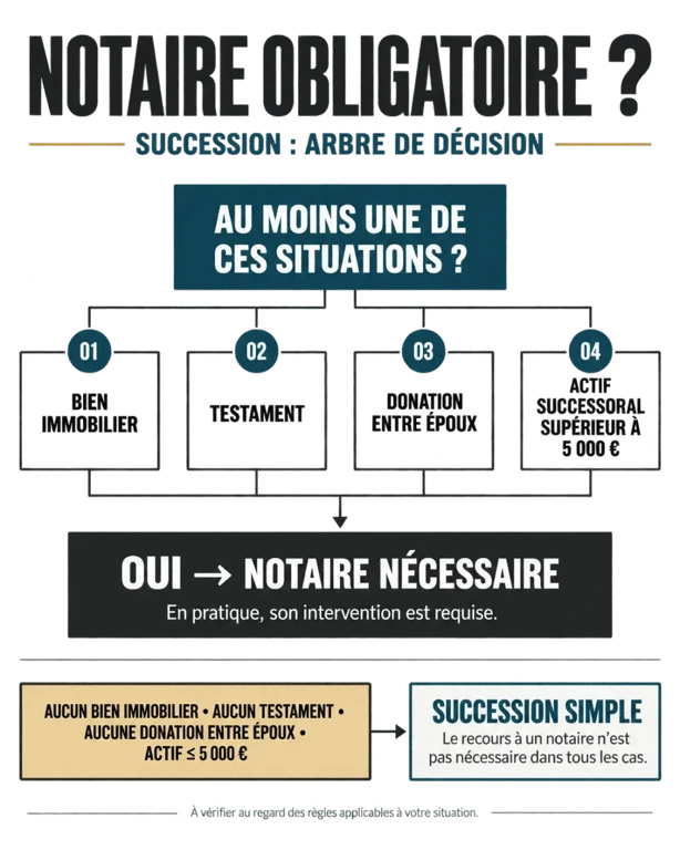Infographie sur le notaire obligatoire en succession selon les situations