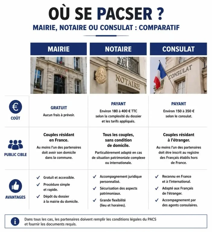 Infographie comparative des lieux pour se pacser : Mairie, Notaire ou Consulat