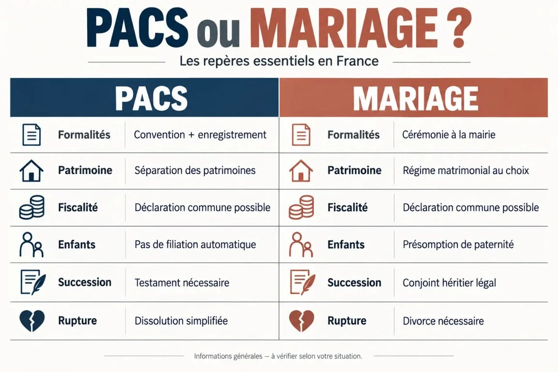 PACS ou mariage : visuel comparatif des différences de protection, patrimoine, enfants et succession
