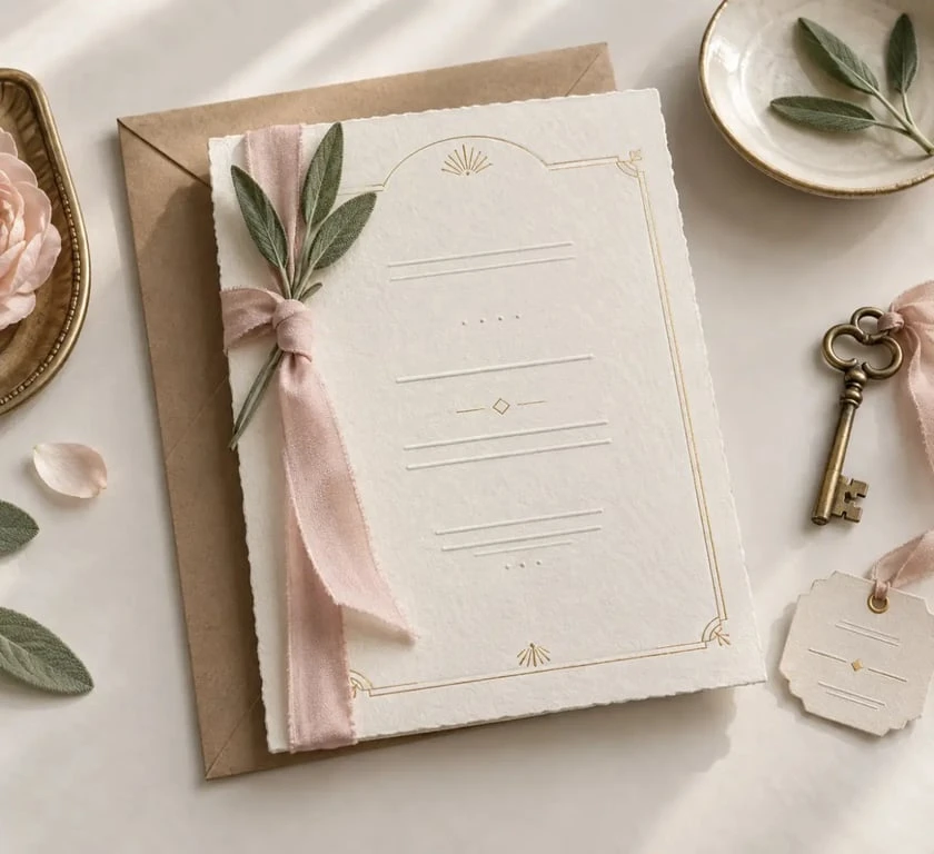 Faire-part mariage vintage avec papier texturé, enveloppe kraft et dorure à chaud