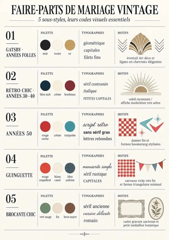 Guide visuel des styles de faire-part mariage vintage Gatsby, guinguette et brocante chic