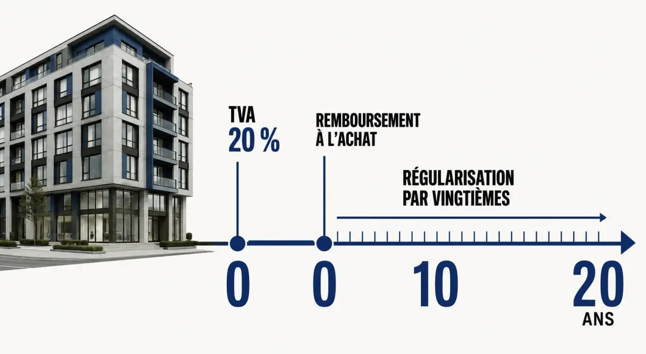 Récupération tva achat immobilier : frise éditoriale sur la TVA à 20 % et la régularisation sur 20 ans
