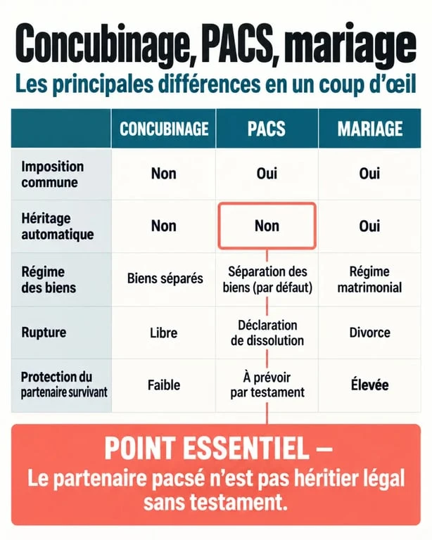 Pourquoi se pacser : comparaison visuelle entre concubinage, PACS et mariage