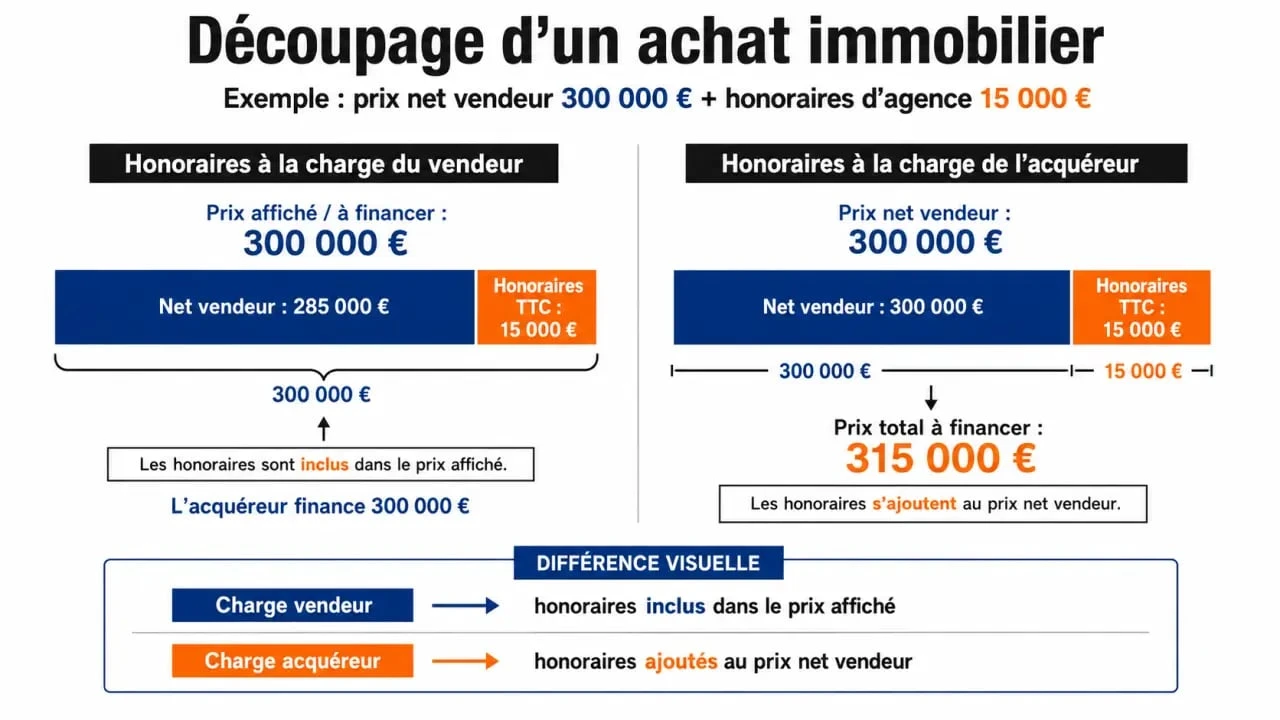 Frais d'agence achat immobilier : schéma du prix net vendeur, des honoraires TTC et du prix total à financer