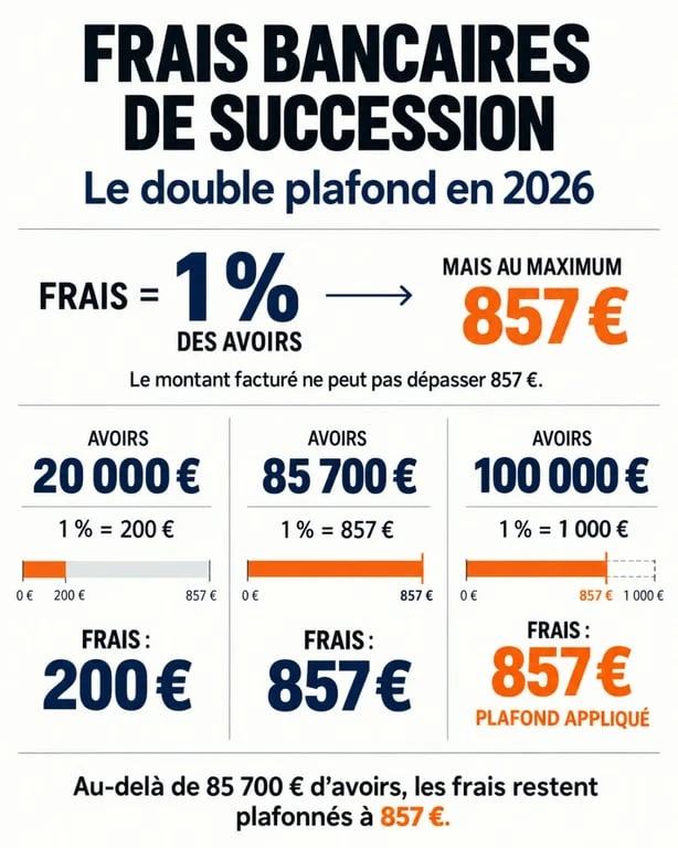 Infographie sur les frais bancaires succession 2026 et le plafond de 1 % ou 857 €