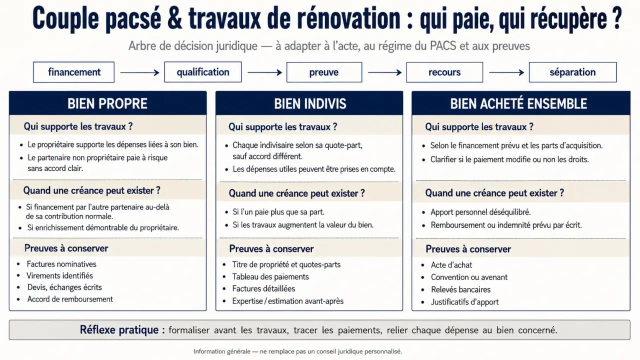 PACS et travaux de rénovation : quelles responsabilités juridiques ? schéma comparatif des biens propre, indivis et achetés ensemble