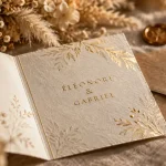 Faire part mariage vintage sur papier ivoire texturé, enveloppe kraft