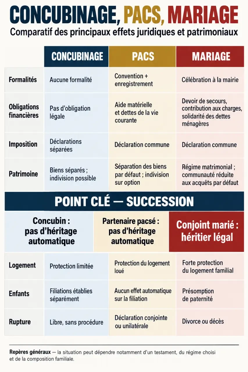 Infographie comparative concubinage et Pacs avec le mariage sur les obligations, les impôts, le patrimoine et la succession